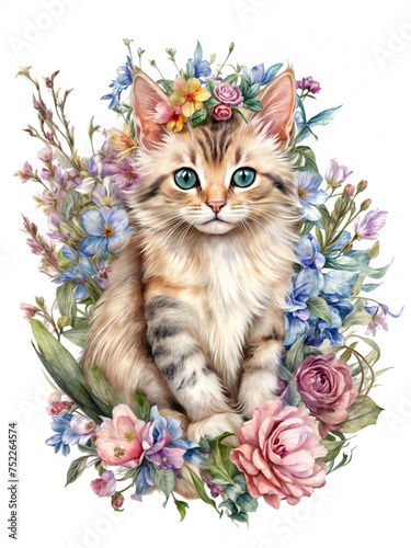 Cat with flowers. Kitten in a floral decoration. Cute cat on a card