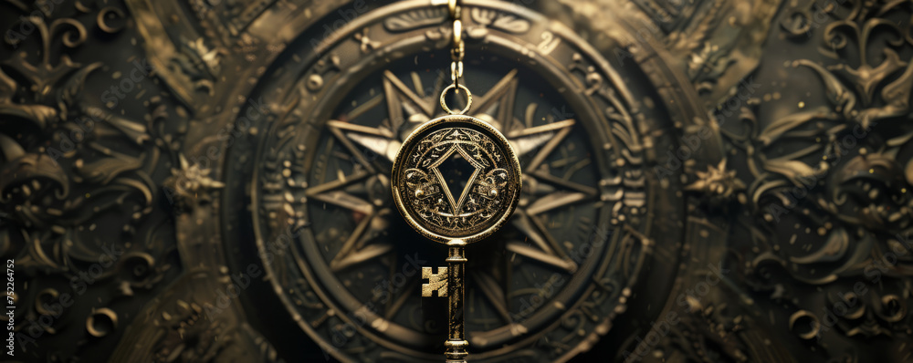 An image capturing a symbolic key adorned with detailed Masonic engravings suspended from a vintage keyhole, encircled by ancient scrolls and geometric designs, photographed in dim lighting.
