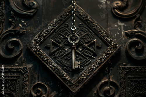 Symbolic image of a key with intricate Masonic engravings hanging from an antique keyhole surrounded by ancient scrolls and geometric patterns, shot in a dark. © mihrzn