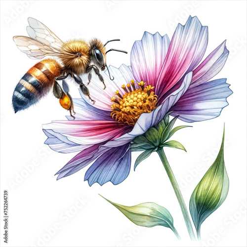 An illustration of a bee and flower in a pollination scene, rendered in watercolor style.