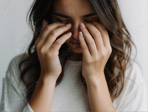 Depressed young woman covering her face with her hands