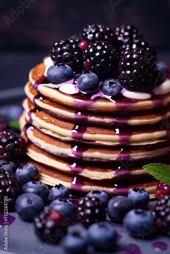 Delicious pancakes with blueberry and blackbery fruit and oozing jam. Ai Generative photo