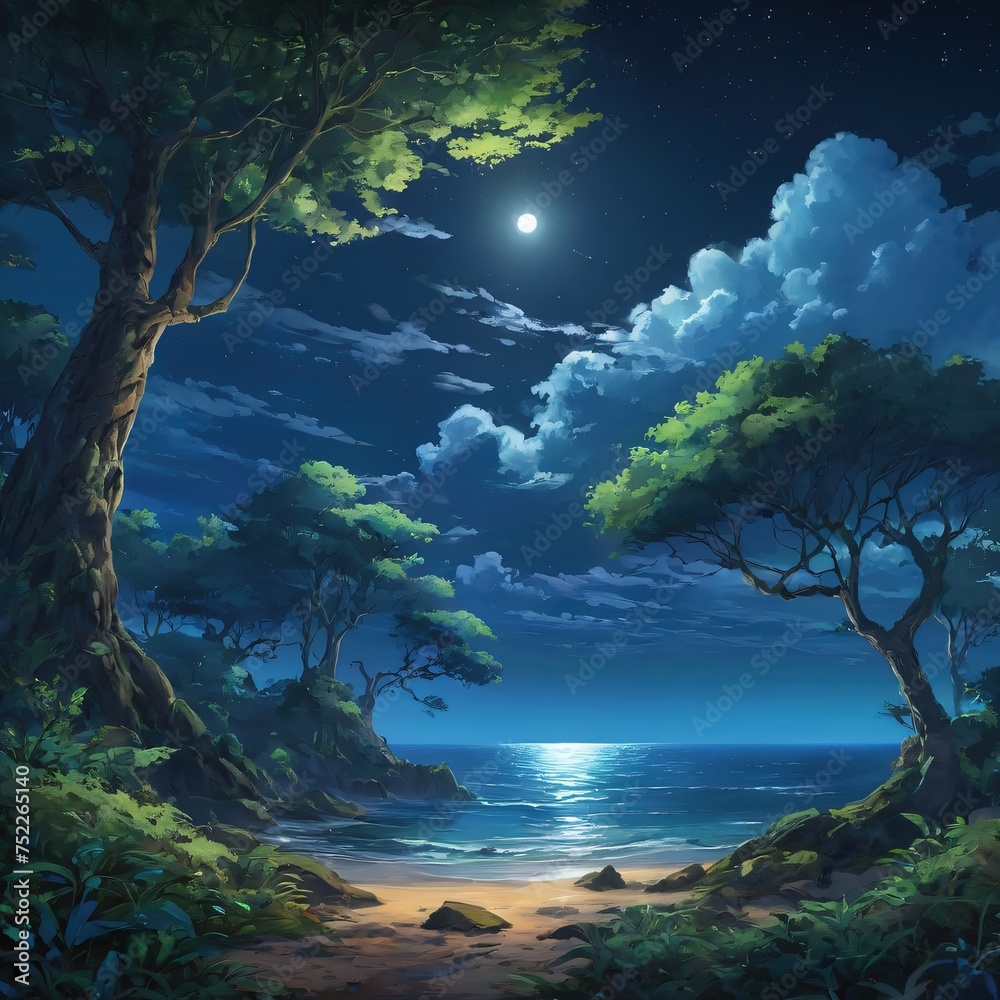 Moonlit Seashore Flanked by Lush Greenery on a Clear Night