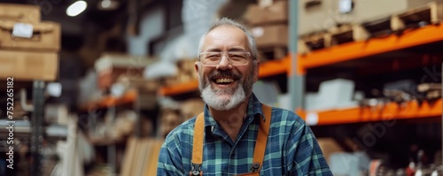 Middle aged man portrait in a warehouse with shelves in blur background.