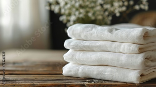 Stack of White Towels on Wooden Table