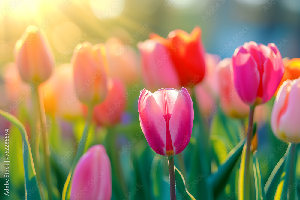 Beautiful Spring Nature background with tulip Flowers, selective focus. Vivid colors. Neural network generated in January 2024. Not based on any actual scene or pattern.