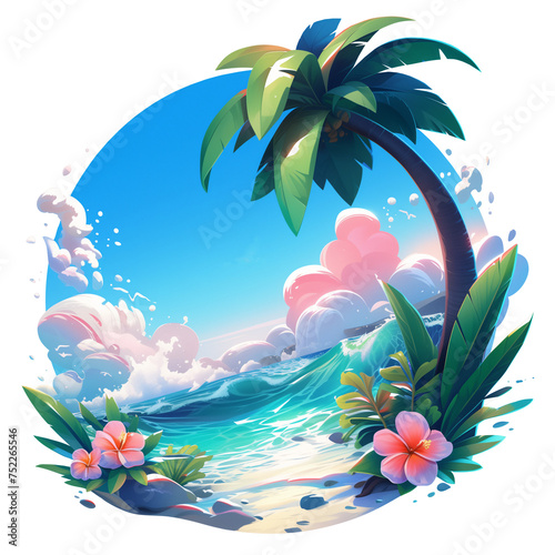Tropical 3d cartoon style illustration, round emblem logo with Hawaiian landscape with wave, palm tree, hibiscus flower. Isolated element