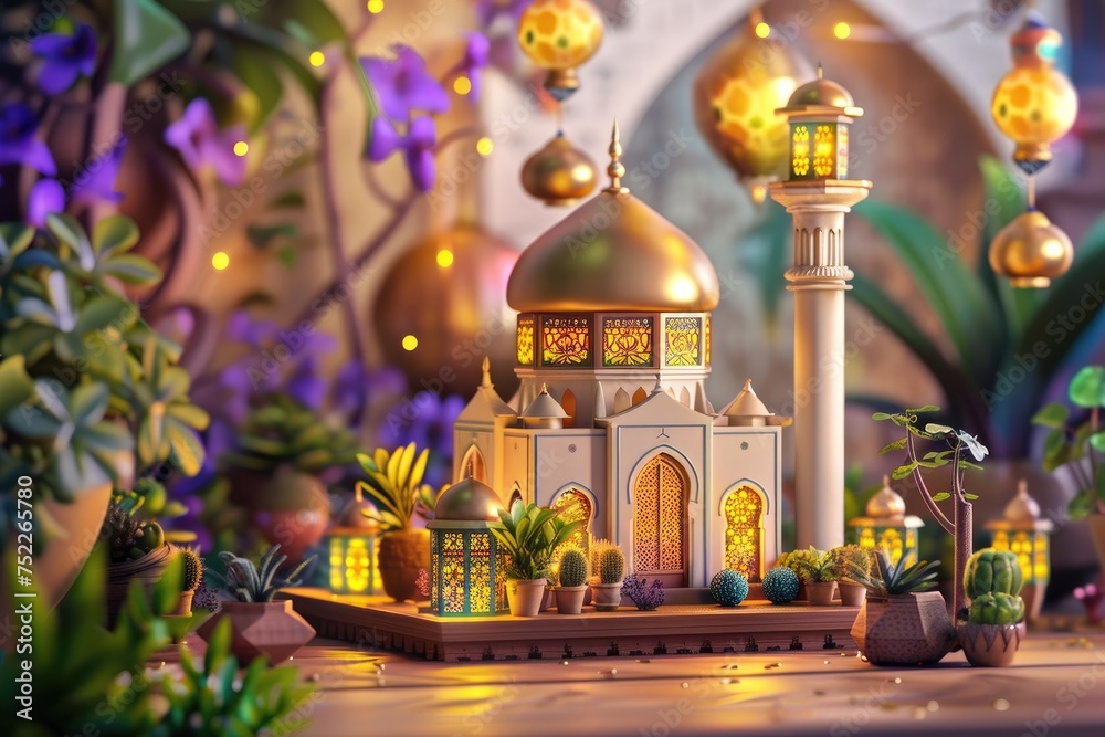 Obraz premium Ramadan Kareem with miniature mosque on a wooden table with plants.
