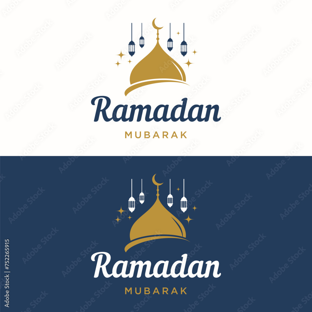 Ramadan Mubarak logo template design with lantern and mosque lighting