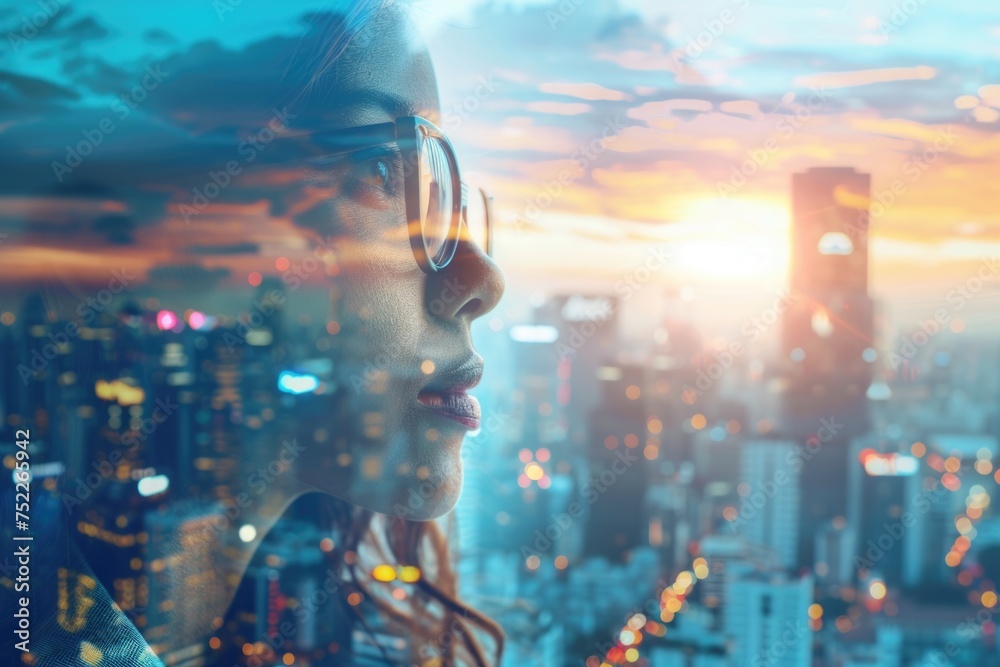 Fototapeta premium Closeup photo of stylish cute businesswoman wearing glasses and looking city. Double exposure, panoramic view contemporary megalopolis background. Space for your business message. Wide, sunset effect