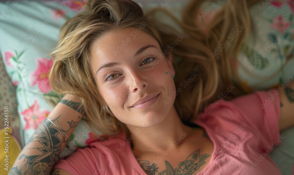 European woman lying in bed, just woken up, looking sleepily at the camera European woman lying in bed, just woken up, looking sleepily at the camera