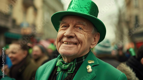 Portrait of smiling senior man in green hat and green festive suit participates in St. Patrick's Day parade in city street. Saint Patricks Day celebration generative ai