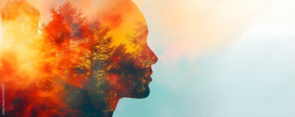 Abstract silhouette of a head with peaceful scenery representing inner calmness. Concept Silhouette Art, Inner Peace, Abstract Imagery, Tranquil Nature, Mindfulness Concept