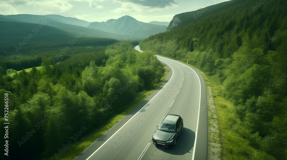 Scenic Mountain Drive: A car cruises on a winding highway through picturesque mountains, under a summer sky with fluffy clouds, capturing the essence of a tranquil countryside journey - obrazy, fototapety, plakaty 