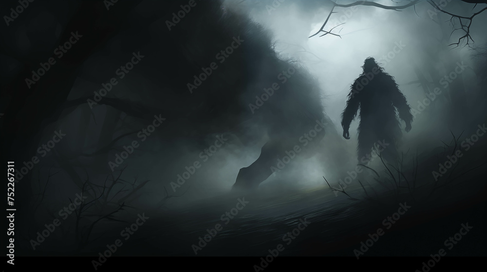 A mysterious demon shadow deep in the forest amidst thick fog. - obrazy, fototapety, plakaty 