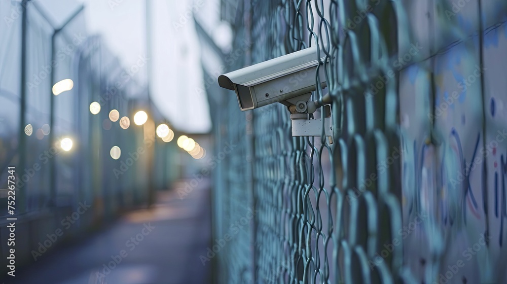 Protected by a fortress of innovation, the factory is encircled by a security perimeter, high fences, and surveillance cameras. - obrazy, fototapety, plakaty 