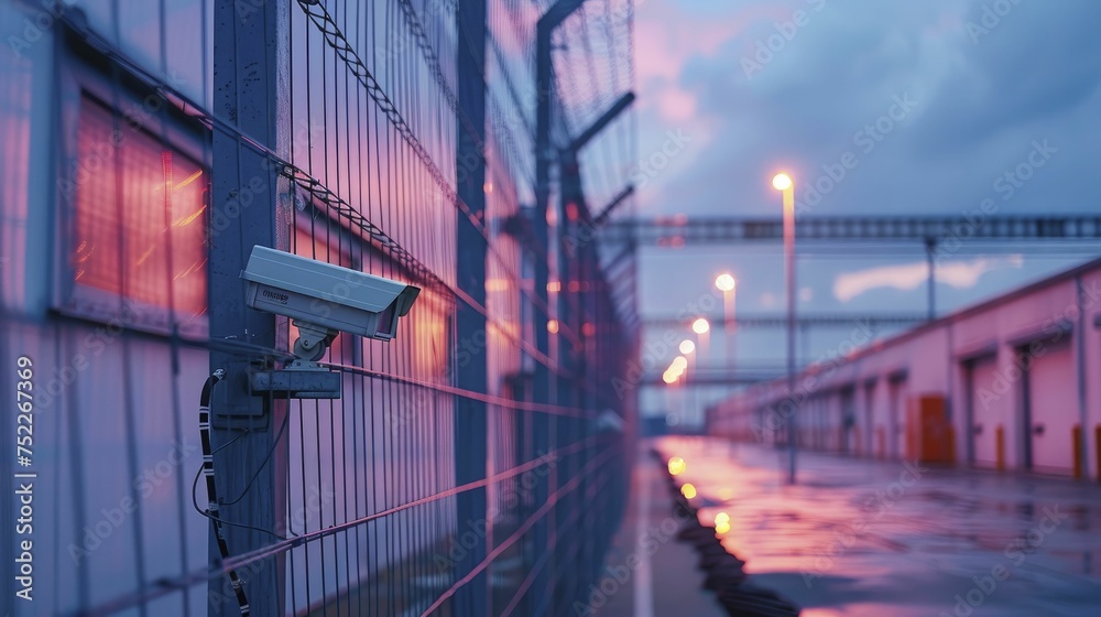 Fototapeta premium The factory is protected by a Security Perimeter, High fences, and surveillance cameras, safeguarding its innovations.