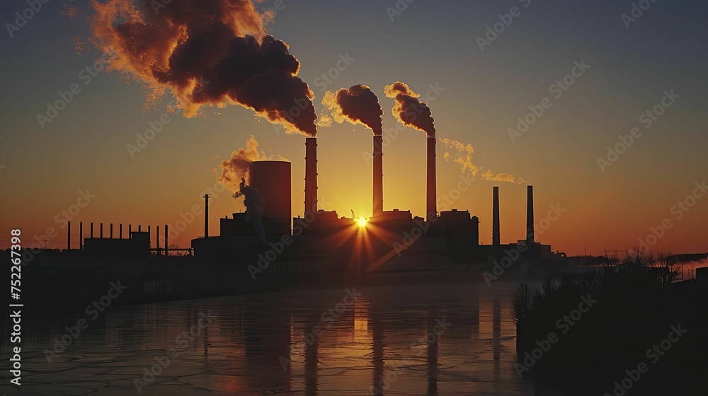 At dawn, a vast factory complex emerges in silhouette as chimneys cast shadows, heralding a bustling day ahead.