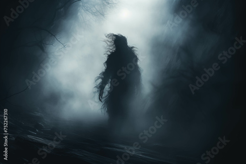 A mysterious demon shadow deep in the forest amidst thick fog.