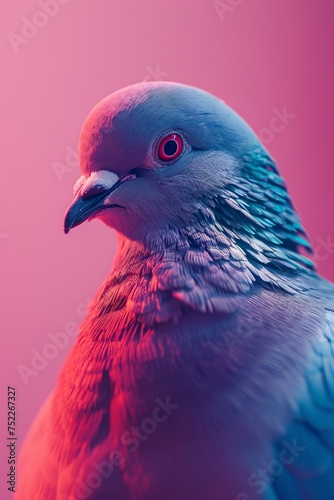 An ethereal pigeon portrait highlighting soft hues and the bird's calm, contemplative expression against a pink backdrop