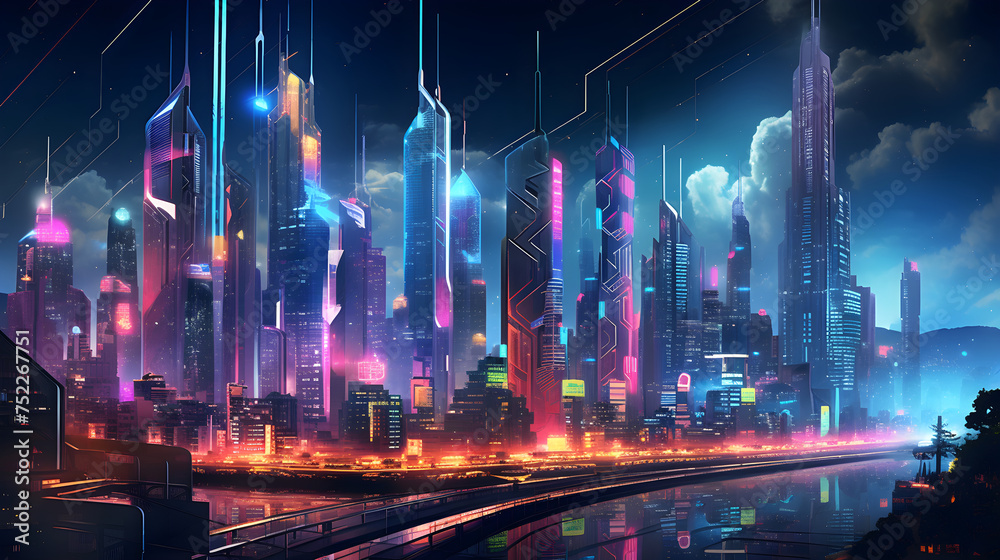Futuristic Cityscape Night View - Intricate Skyscrapers and Advanced Ultra-modern Transport Systems