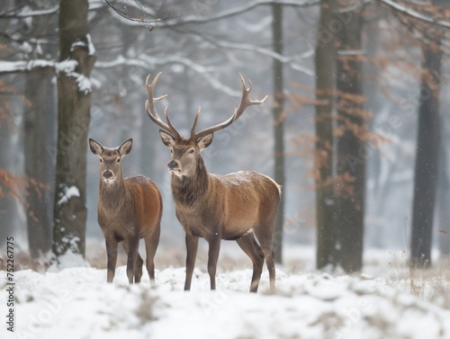 Noble stags stand alert in the snow-blanketed woods. © cherezoff
