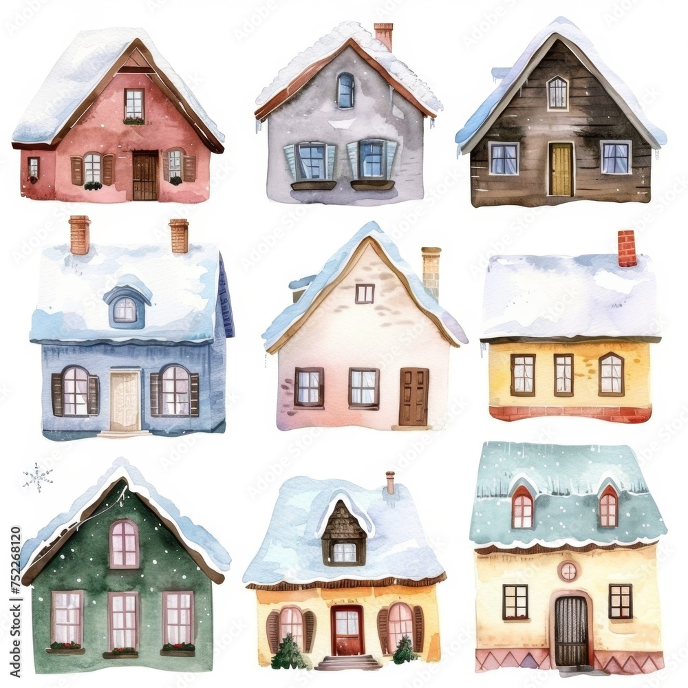 KSWatercolor house with snow on the roof on a KSWatercolor house with snow on the roof on a