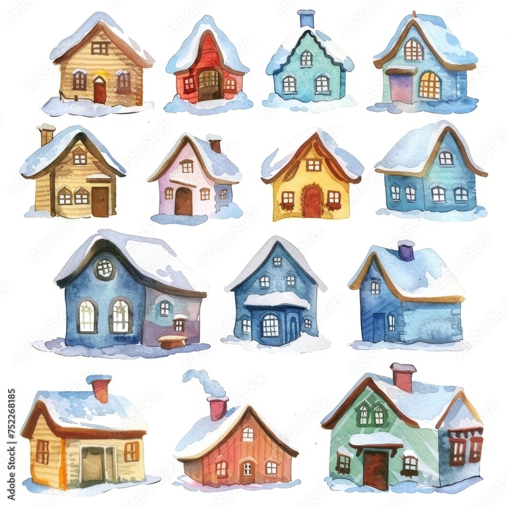 KSWatercolor house with snow on the roof on a KSWatercolor house with snow on the roof on a