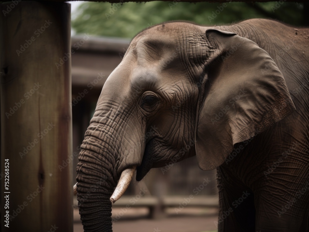 elephants with sad eyes behind bars in captivity. international Day of Action for Elephants in Zoos