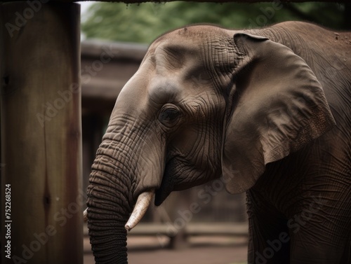 elephants with sad eyes behind bars in captivity. international Day of Action for Elephants in Zoos