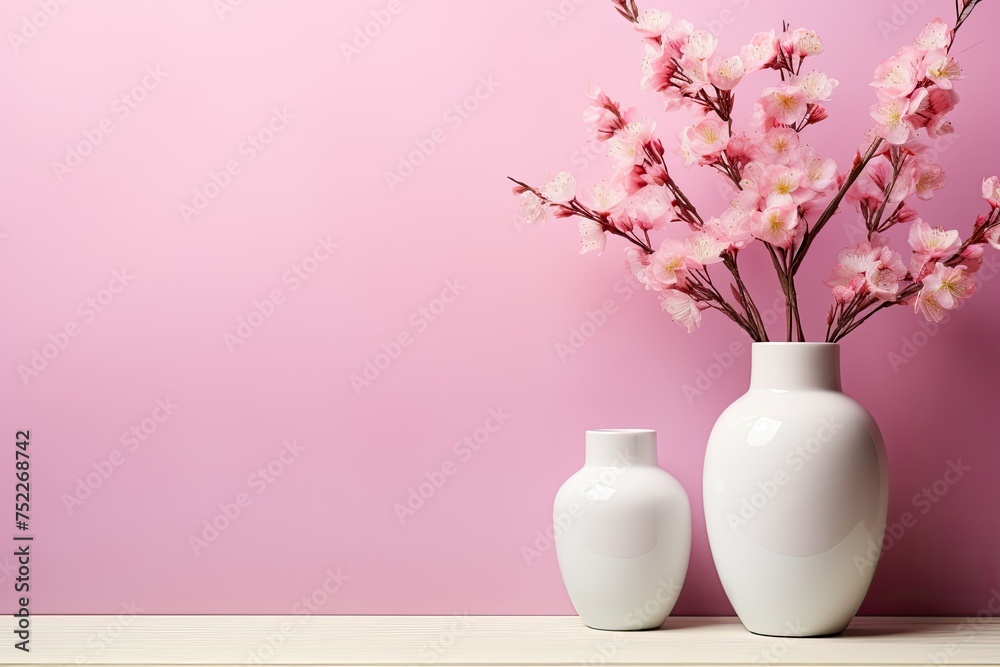 Pink Cherry flowers in White Vase. Pink and white gradient wall background with Copy Space