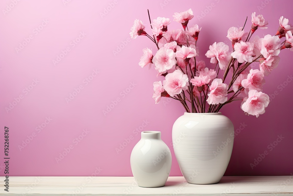 Pink Cherry flowers in White Vase. Pink and white gradient wall background with Copy Space