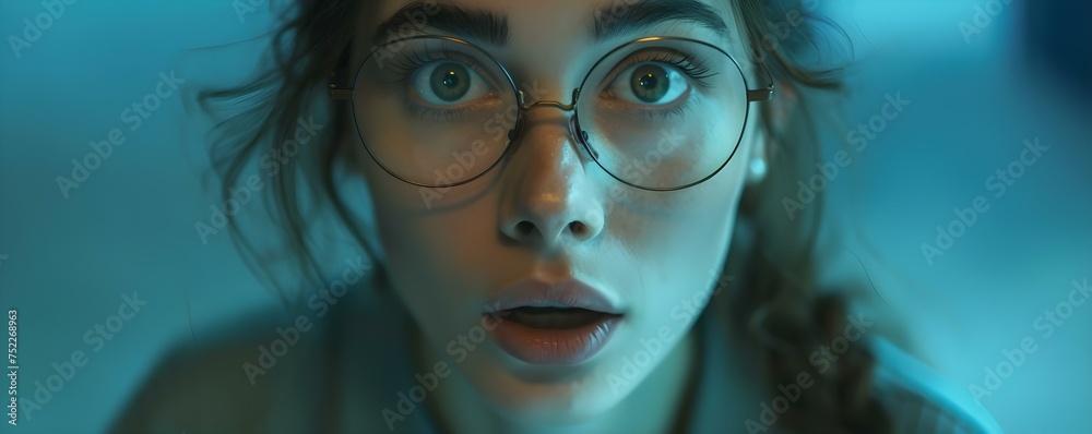 Startled woman wearing spectacles with an expression of astonishment on her face. Concept Surprised woman, Astonished facial expression, Eyeglasses, Startled reaction, Emotional expression
