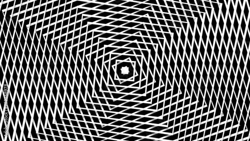 Circular tunnel striped pyramid black and white rotating, geometric 3d animation, optical illusion loop footage abstract background for vj, dj, template, meditation, intro and outro video