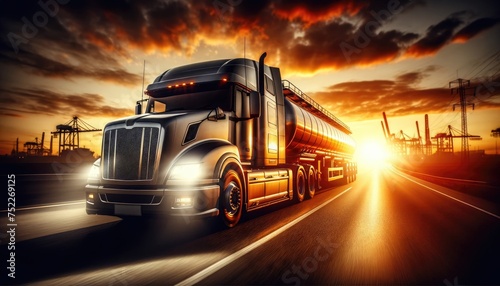 A semi truck with a tanker trailer driving on a highway against a backdrop of a dramatic fiery sunset and industrial cranes.