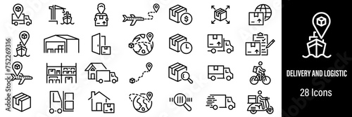 Delivery and Logistic Web Icons. Parcel, Worldwide Delivery, Delivery, Courier, Cargo, Cardboard Box. Vector in Line Style Icons