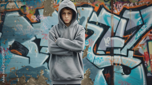 Teenage boy wearing gray hoodie standing against urban graffiti wall. Teenager fashion. Mock up template for sportswear design generative ai © Wijaya