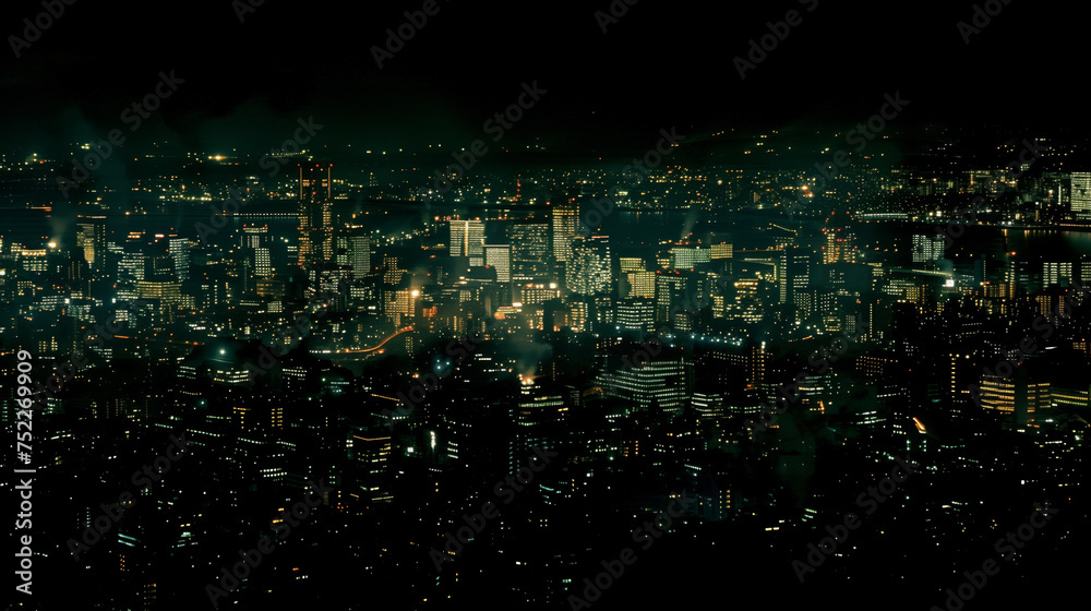 Aerial night view of Japan's illuminated cityscape, isolated on black, minimalist Aerial night view of Japan's illuminated cityscape, isolated on black, minimalist