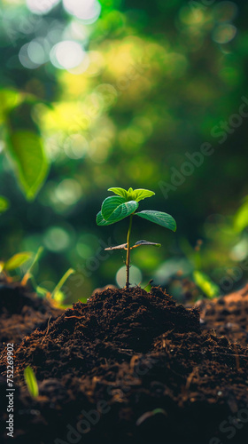 New life on earth: rise of environmental awareness. A close-up of a young plant emerging from a cluster of soil. Concept of ecological climate change.