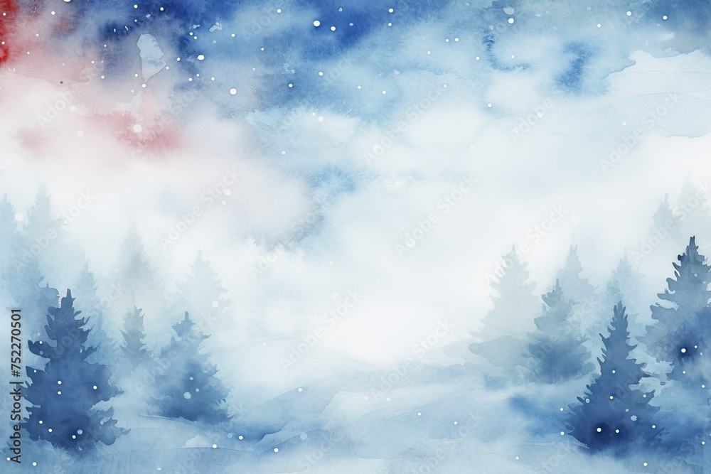 Winter Landscape Watercolor Drawing. Blank Postcard Template in Blue Tones with Snow covered Scene and Abstract Snowfall Background