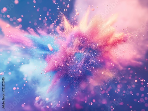 A vivid burst of pink and purple hues with particles scattered throughout  depicting a dynamic and colorful explosion.