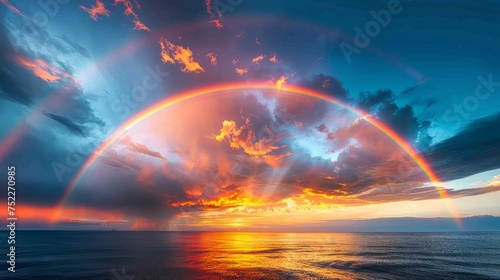 Rainbow Over Water Amid Cloudy Sky © olegganko