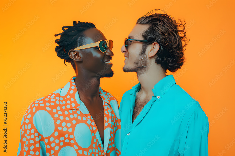 Two boys wearing sunglasses and colorful shirts, looking at each other smiling, on orange background Two boys wearing sunglasses and colorful shirts, looking at each other smiling, on orange background