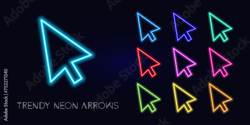 Abstract neon cursor, pink light for signage design. Set of cursor arrows