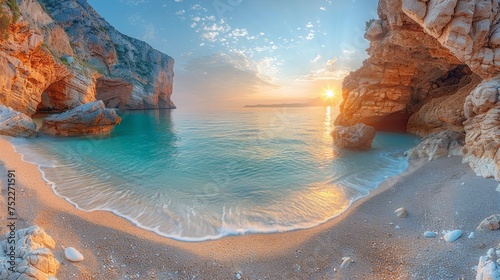 Setting Sun Over Beach and Cliffs