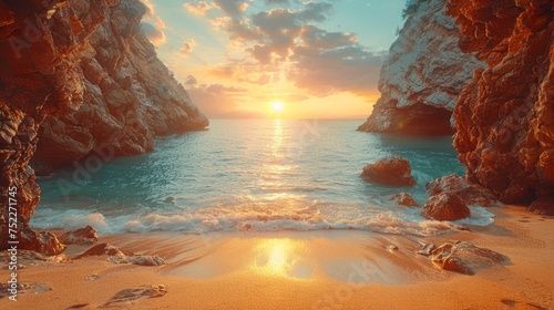 Setting Sun Over Beach and Cliffs