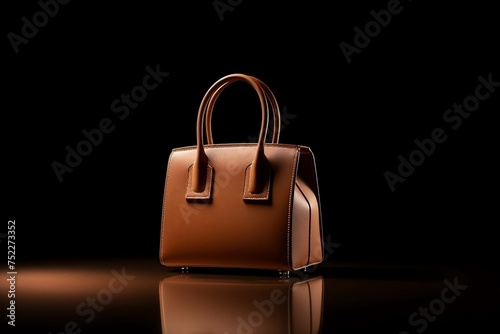Brown Leather Handbag with Gold Zipper on Black Background 