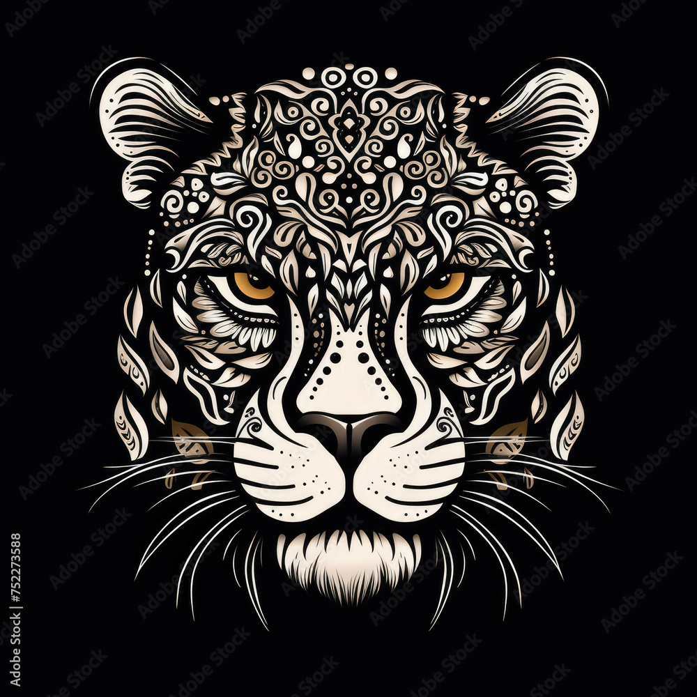 Leopard Mandala Style Illustration, black and white