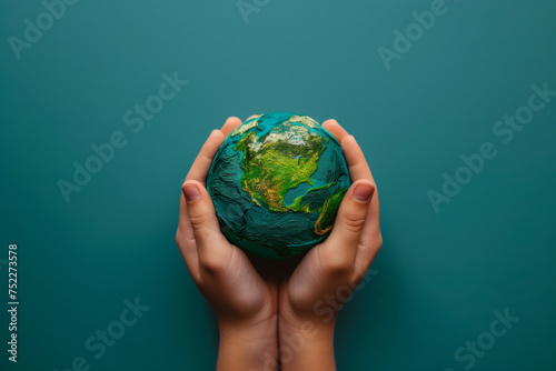 World Mental Health Day: Hands cradle Earth, sea wave blue backdrop, space for text, minimalist 