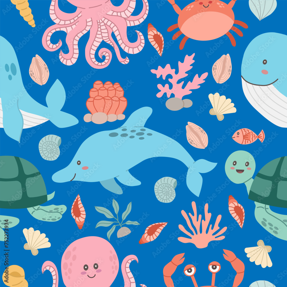 Seamless pattern on a marine theme. baby cute kawaii animals on blue background